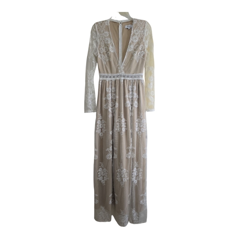 Jaus Tallulah Maxi Dress in Ivory/Nude Small Plunging Neck Lace Wedding Bride - Picture 5 of 10